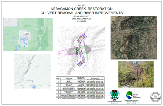 Collage of maps showing the Nebagamon Creek Restoration Culvert Removal and River Improvements