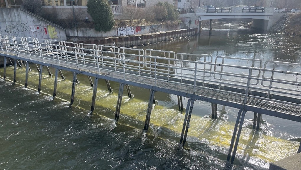 Metal pedestrian walkway with railings spans a river, supported by vertical steel legs. Bright yellow tracer dye flows beneath the walkway in the water, indicating a hydrological or flow monitoring study. In the background, a concrete retaining wall with graffiti, a bridge, and an urban setting with buildings and vehicles are visible under daylight.